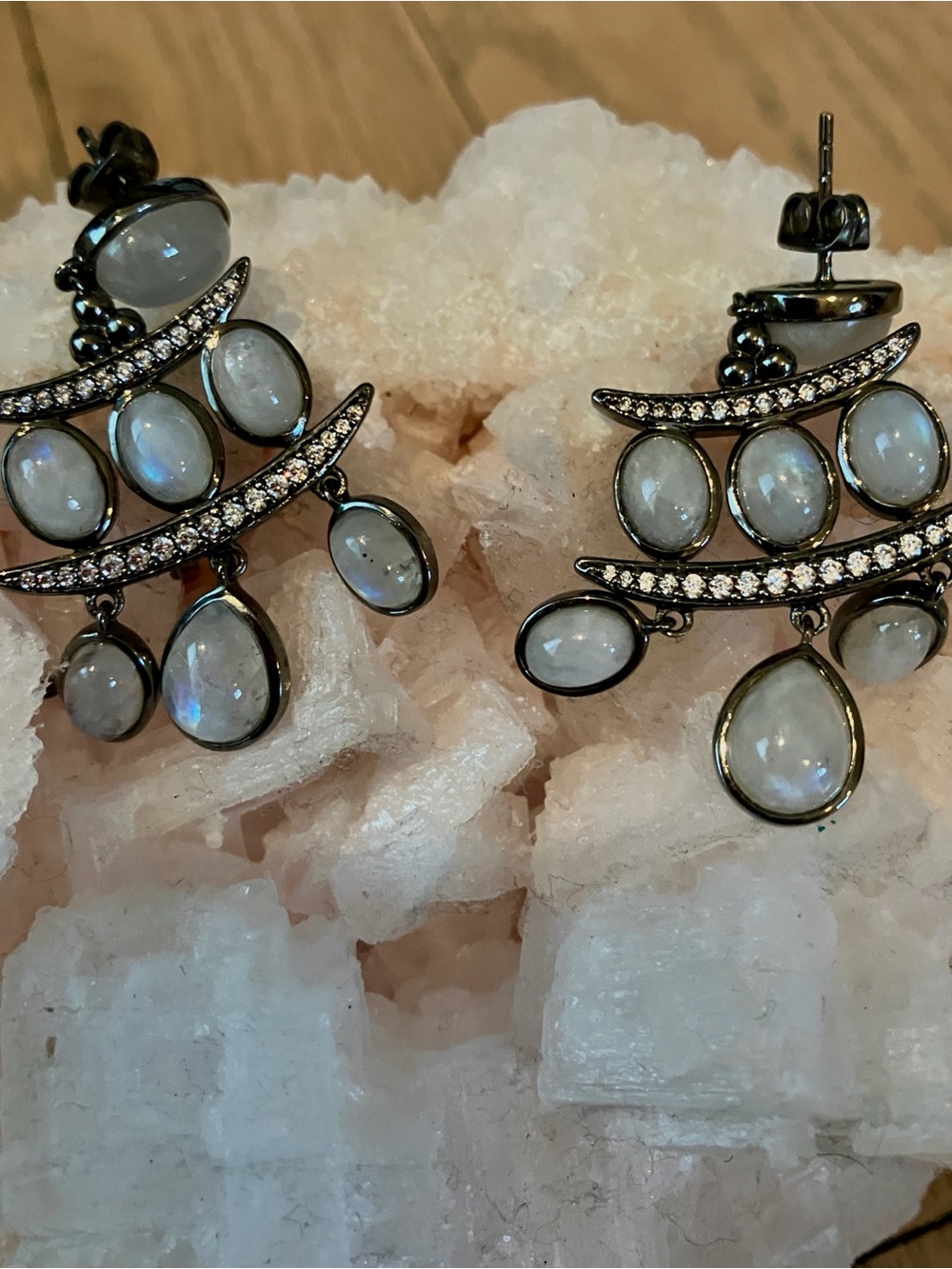 Iridescent Moonstone Drop Earrings in Silver-Black